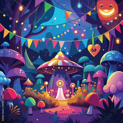 A colorful cartoon illustration of a fairy tale castle in a winter wonderland, perfect for a festive holiday design or a magical night celebration card