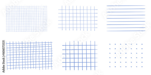 Graph crayon blue hand drawn textured square grid for note, geometric line texture. Crayon or pencil stripes, dots for bullet journal pages.