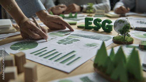 ESG Analysis: Professionals meticulously review sustainability metrics, examining data to inform crucial strategic decisions for a greener future.