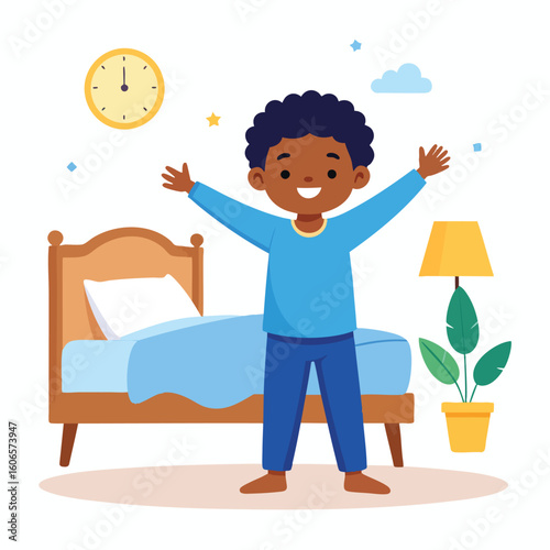 A young boy stretches happily in his bedroom after waking up, with a bed, lamp, and clock visible.