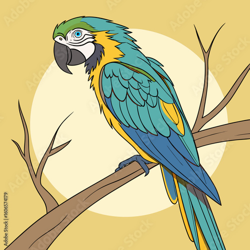 Vibrant blue and yellow macaw perched on a branch