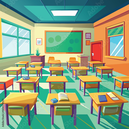 A school classroom interior featuring wooden tables, chairs, and books, with natural light coming through the window