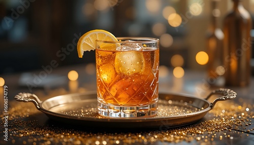 A Gold Rush cocktail showcasing a deep amber hue with a lemon twist and a single,presented on a polished antique brass tray amidst scattered golden glitter and warm, out-of-focus fairy lights. 