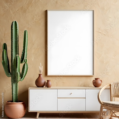 Modern desert home decor with a tall green cactus in a terracotta pot next to a white sideboard and a blank framed picture on a textured wall