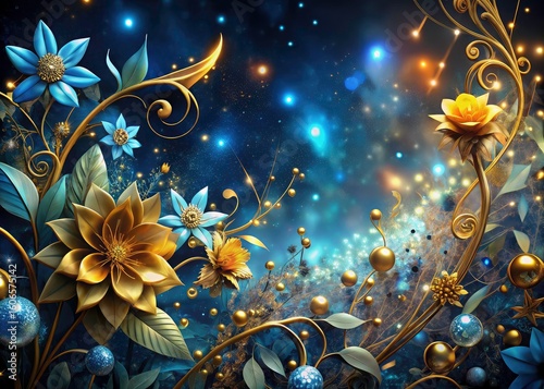 Night's floral elegance: gold blossoms, blue foliage, musical notes, and starlight shine.