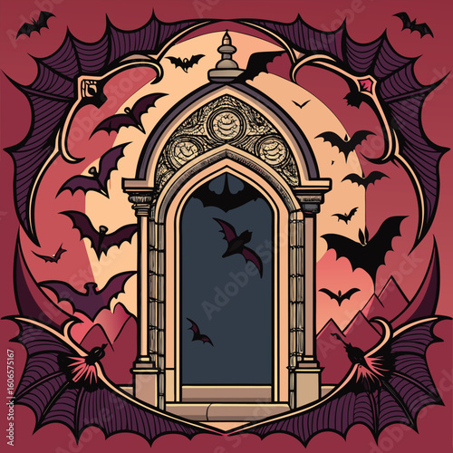 Elegant vector illustration of an ancient church frame featuring intricate arch details, traditional wooden doors, and decorative old glass windows