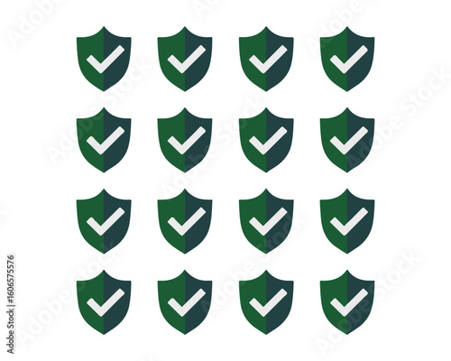 A pattern of sixteen green shields with white checkmarks arranged on a white background in rows