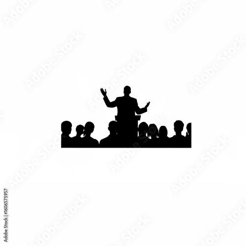 Silhouette of speaker calming audience with open palms on white background