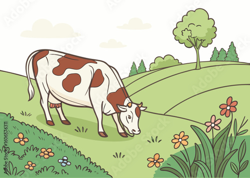 Cartoon cow grazing in a sunny green meadow with flowers