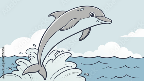 Happy cartoon dolphin leaping out of the water