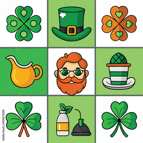 St Patrick's Day set with Irish leprechaun, gold coins, shamrock, and beer vector icons celebrating luck and holiday in Ireland