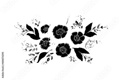 A floral arrangement featuring a variety of black flowers and leaves on a white background in a vintage style