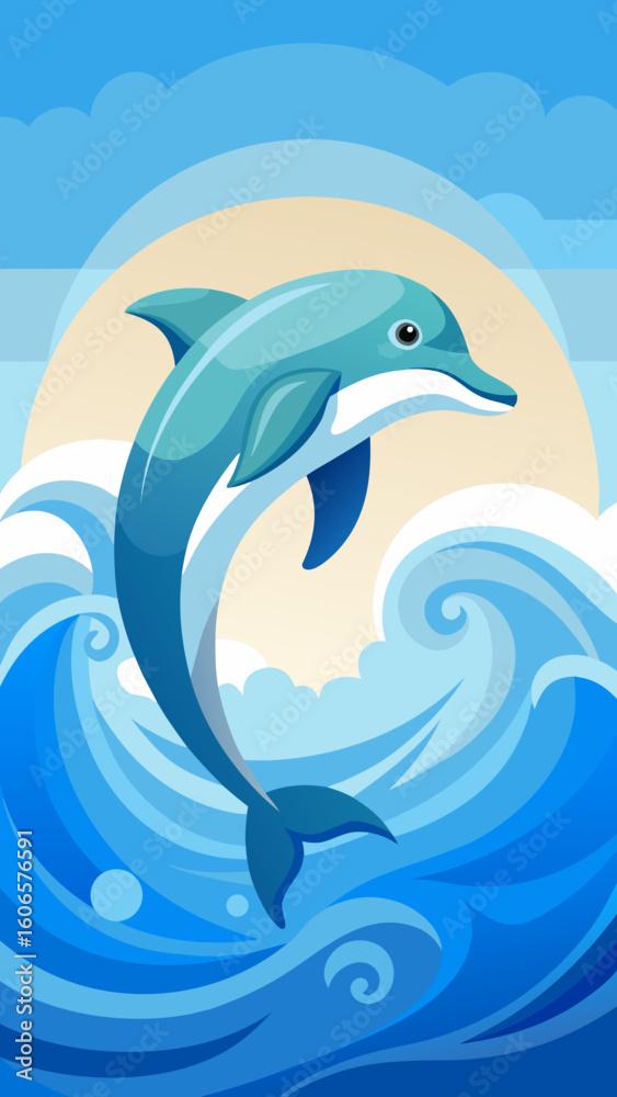 Fototapeta premium Joyful dolphin leaping through blue ocean waves under a sunny sky