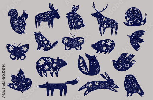 Boho Forest Animals Set with Folk Art Patterns. Cute Hand Drawn Woodland Wildlife Collection.