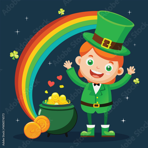Smiling cartoon leprechaun with a green hat, shamrock, and pot of gold for a St Patrick's Day celebration in Ireland
