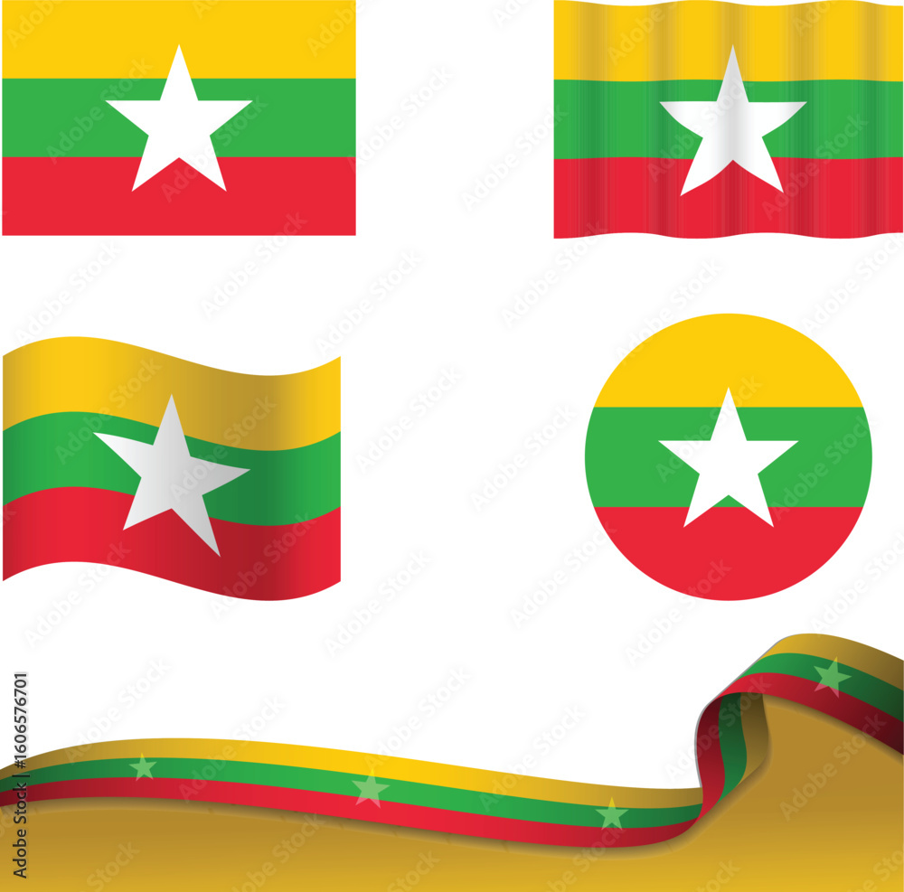 Set of Myanmar waving flag on isolated background vector illustration. green yellow Burma rectangle, wavy and circle flag as a patriotic symbol.
Set of Myanmar waving flag on isolated background vector illustration. green yellow Burma rectangle, wavy and circle flag as a patriotic symbol.
