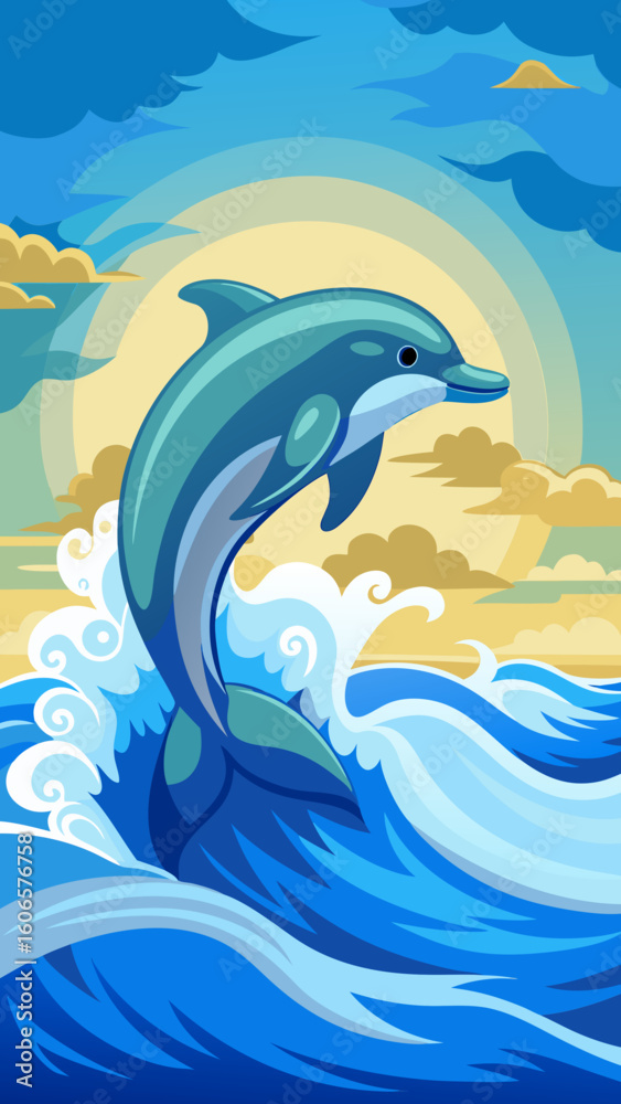 Fototapeta premium Joyful dolphin leaping through ocean waves under a sunny sky