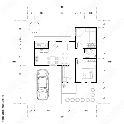 Black and White floor plan of a modern unfurnished house for your design. Suburban house vector blueprint. Architectural background.	