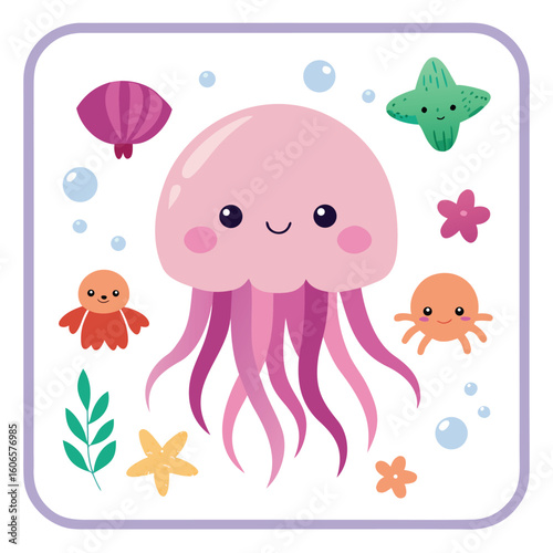 A cute seamless vector pattern illustrating a funny set of cartoon sea animals like fish, octopus, jellyfish, and turtle for a baby's design
