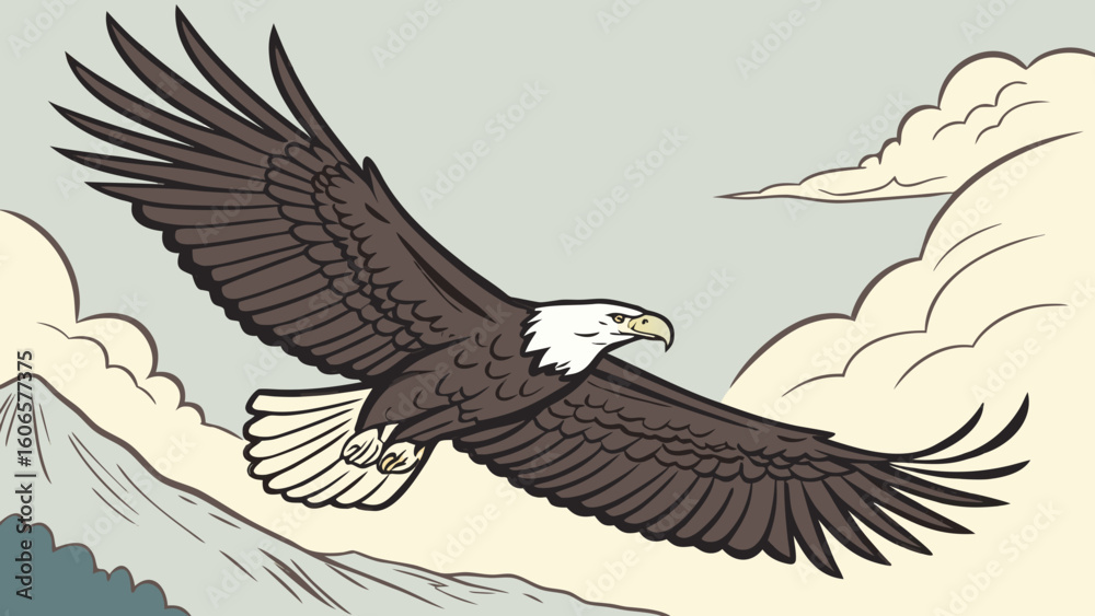 Obraz premium Majestic bald eagle soars over mountains and clouds