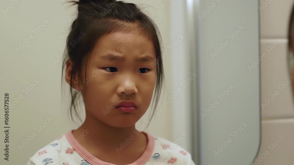 An emotional young Asian girl looks at her reflection in the bathroom mirror with a sad and upset expression An emotional young Asian girl looks at her reflection in the bathroom mirror with a sad and upset expression