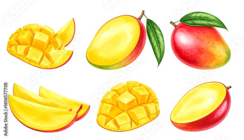 Vibrant watercolor illustration showcasing a variety of mango preparations and presentations on
