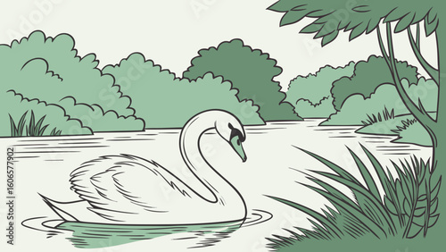 Elegant swan gliding on a serene lake surrounded by lush greenery