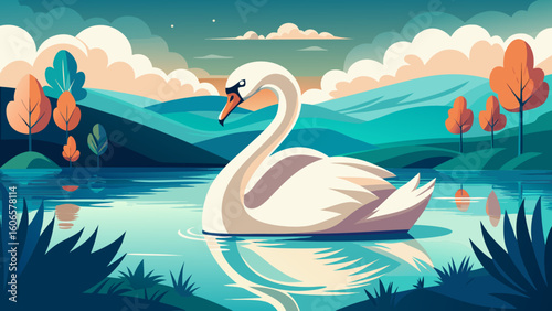 Serene swan gliding on a tranquil lake amidst rolling hills