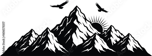 Majestic Mountains Featuring Flying Eagles and a Rising Sun, Symbolizing Freedom and Adventure in a Wilderness Landscape, Perfect for Outdoor Enthusiasts and Nature Lovers