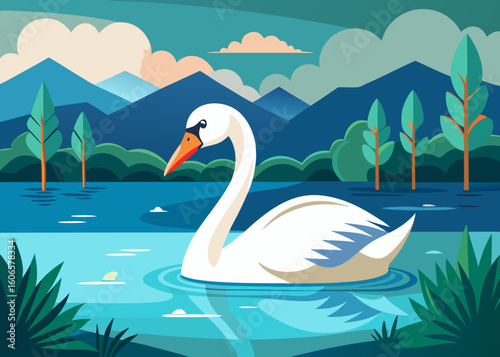 Serene swan glides on tranquil blue water with mountain backdrop