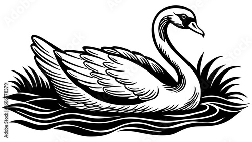 Elegant swan floating gracefully on water with reeds