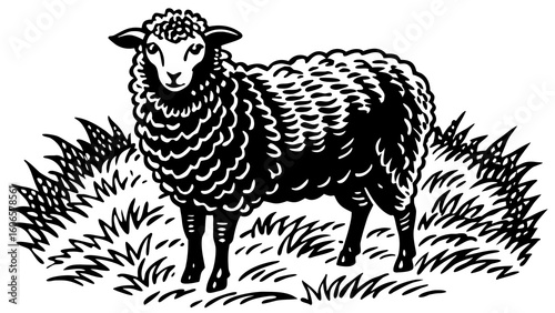 Black and white illustration of a fluffy sheep standing in grass