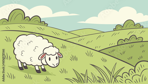 Cute cartoon sheep grazing in a green rolling meadow under a blue sky