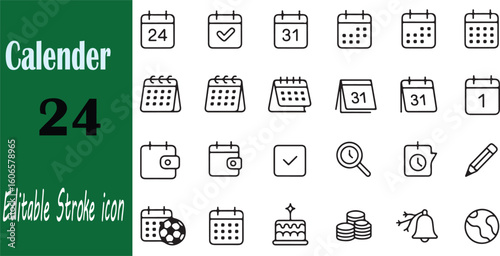 Set of editable stroke calendar icons representing time dates events and reminders