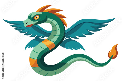 Whimsical Teal and Green Dragon with Fiery Tail and Winged Majesty A Cartoon Fantasy Character Design