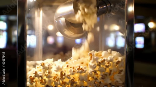 Close up of a popcorn machine dispensing fresh hot buttery popcorn in a theater lobby