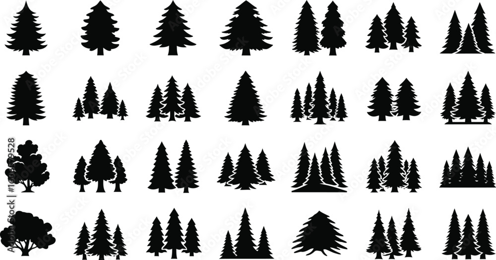 Obraz premium Collection of a Variety of Evergreen Tree Silhouettes, Perfect for Nature-Themed Designs and Holiday Projects, Featuring Different Shapes and Sizes of Coniferous Trees