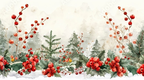 Watercolor winter scene with red berries, evergreen trees, and snow. Festive, holiday art