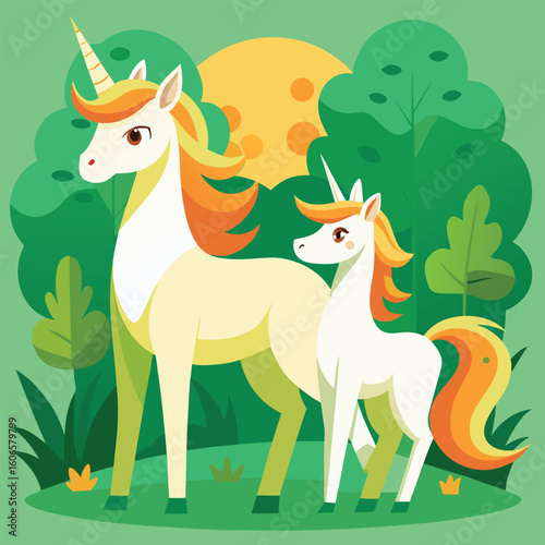 Farm nature drawing of a cute cartoon horse and foal with a wild deer in the forest