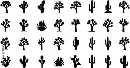 Collection of a Variety of Silhouette Cacti and Desert Plants, Including Joshua Trees, Saguaro