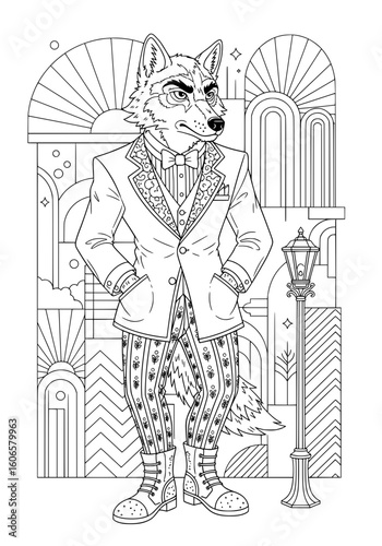 The wolf is a glamorous fashionista. coloring book