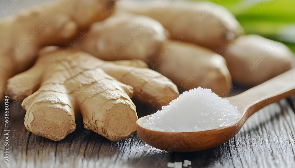 Fototapeta premium Fresh ginger and a wooden spoon of sugar on a wood surface representing healthy eating
