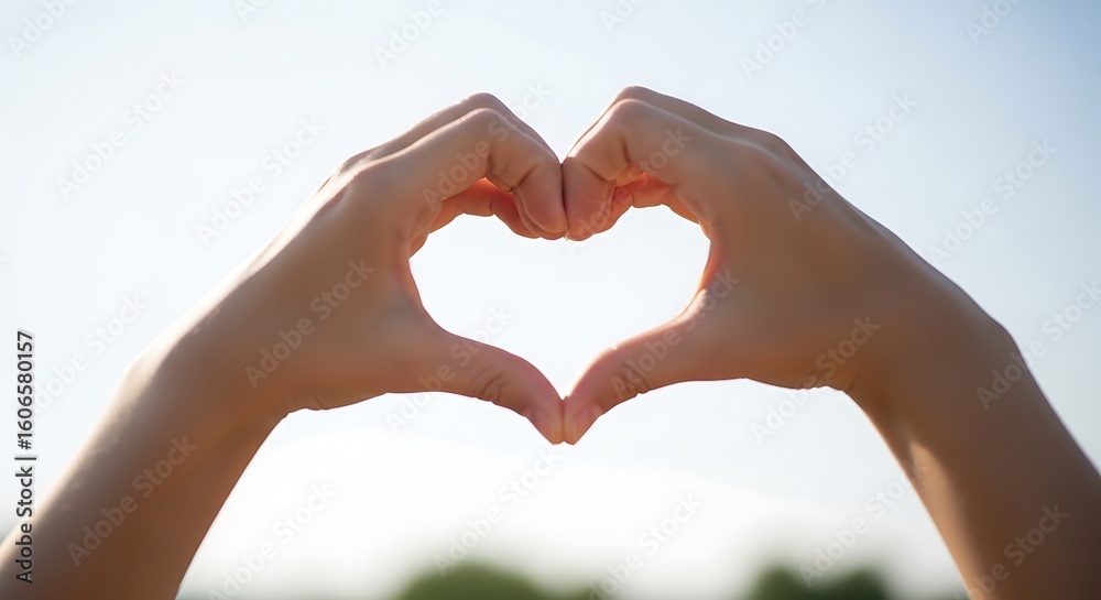 Fototapeta premium Hands forming a heart shape against a bright sky.
