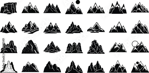 Collection of Minimalist Mountain Icons Featuring Various Peak Shapes, Rock Formations, and Atmospheric Elements like Sun and Snow
