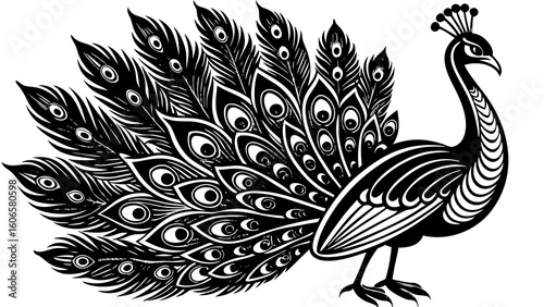 Stylized black and white peacock with elaborate tail feathers