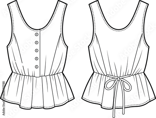 CAD drawing flat vector illustration, sleeveless peplum top fashion design, front and back view sketch, sewing template, stylish apparel layout