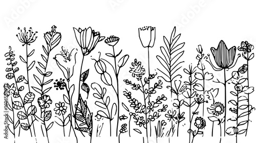 A simple black and white line drawing of a variety of wildflowers and foliage in a meadow setting.