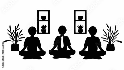 Three figures meditating in a room with plants and shelves in a black and white silhouette style art
