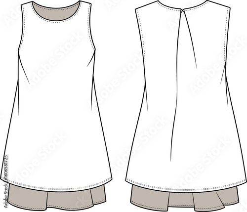 CAD drawing flat vector illustration, sleeveless layered dress fashion sketch, back pleat detail, garment design, sewing template, apparel layout
