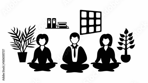 Group meditation with plants and office decor creating a serene and balanced workspace environment silhouette